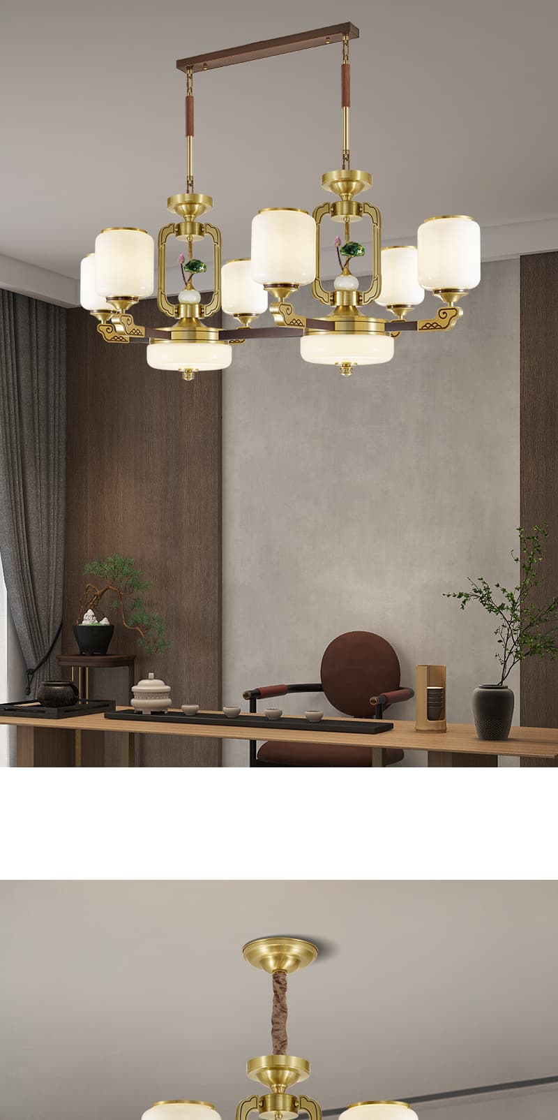 Đồng + đèn chùm thủy tinh gỗ mun