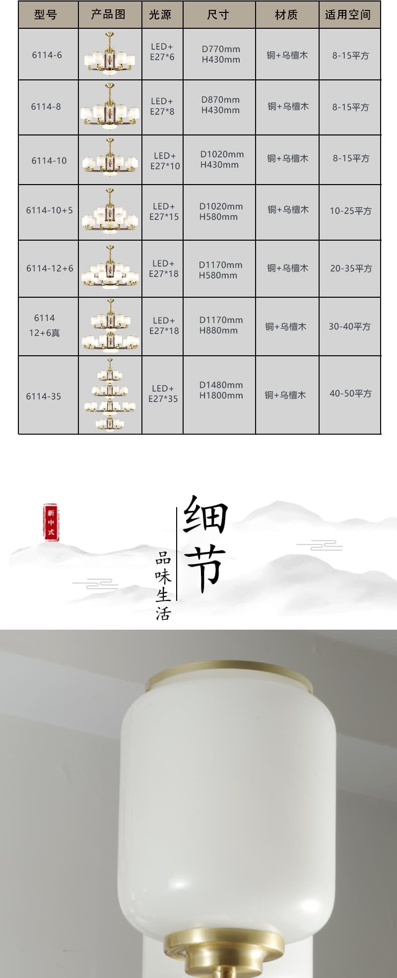Đồng + đèn chùm thủy tinh gỗ mun