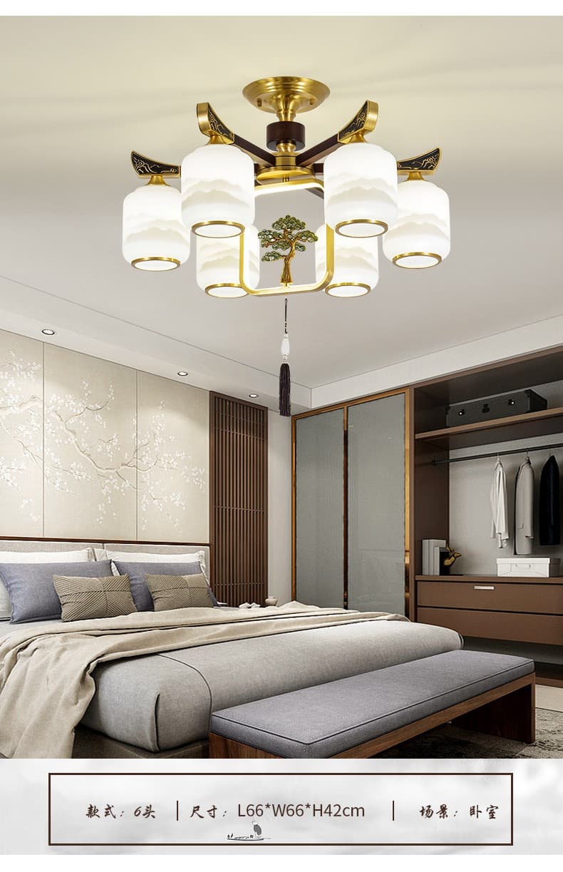 Đồng + đèn chùm ốp trần gỗ trắc đỏ