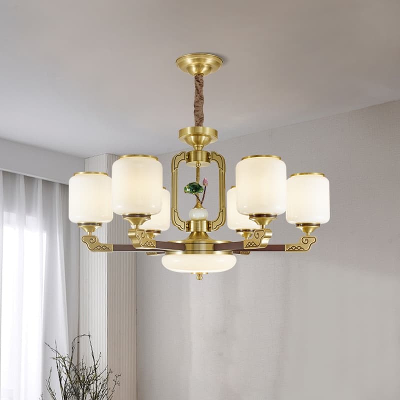 Đồng + đèn chùm thủy tinh gỗ mun — xem 1