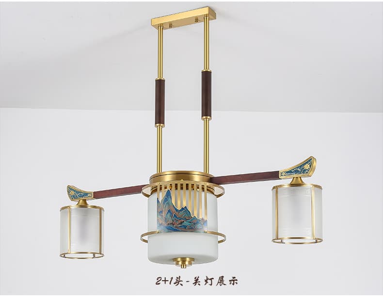Đồng + đèn chùm gỗ