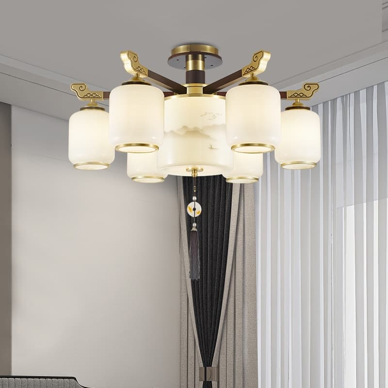 Đồng + đèn chùm thủy tinh gỗ mun — xem 1