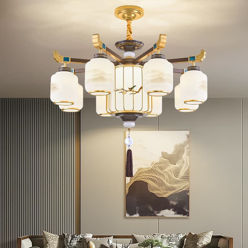 Iron Art Chandelier-Zinc Alloy + Glass Lampshade — view 1