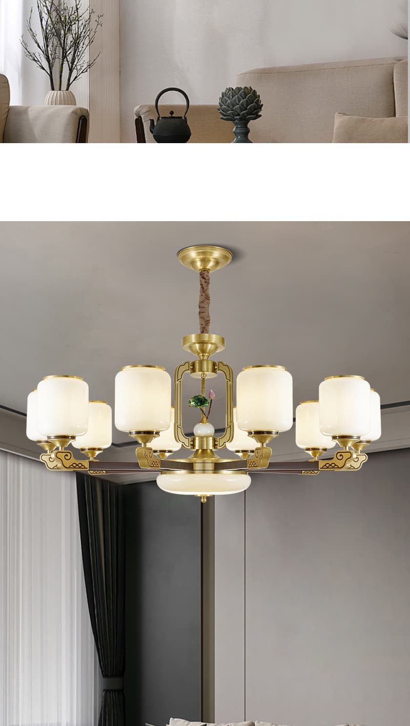 Đồng + đèn chùm thủy tinh gỗ mun