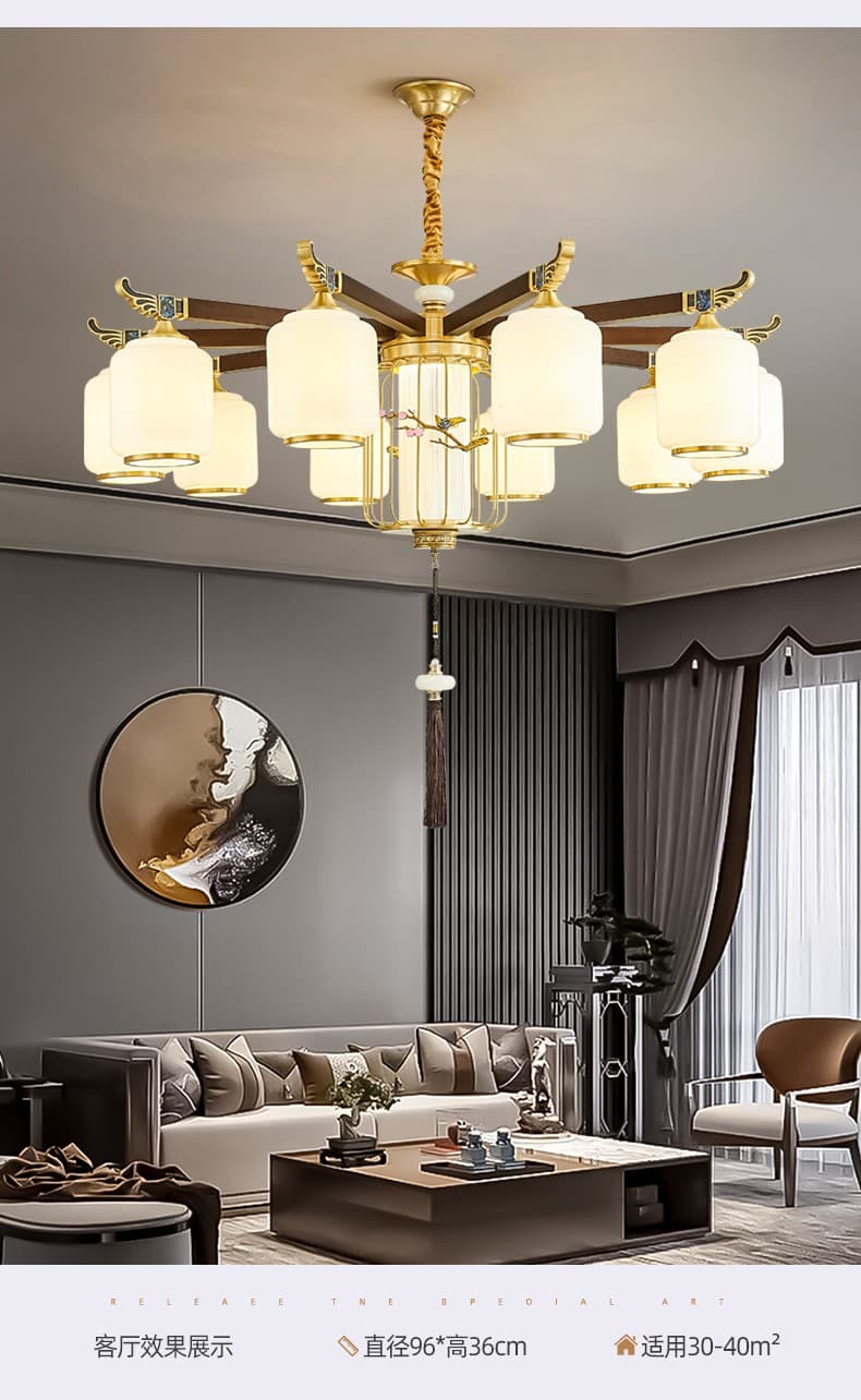 8852 đèn chùm đồng + gỗ đỏ