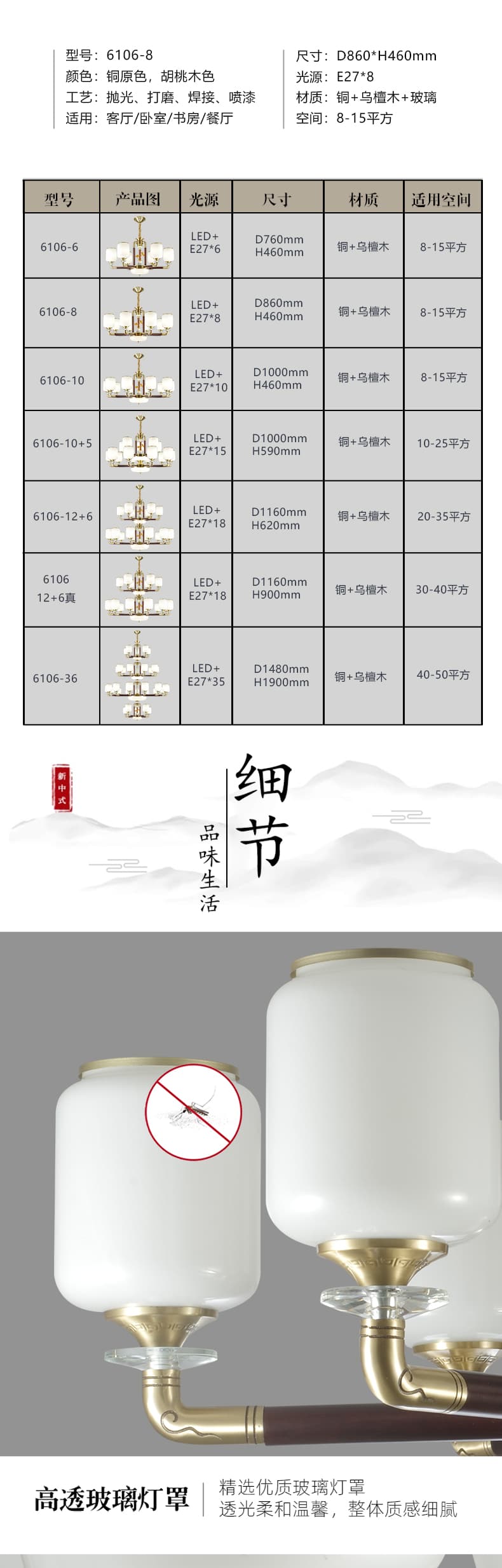동+흑단목 유리 갓 샹들리에