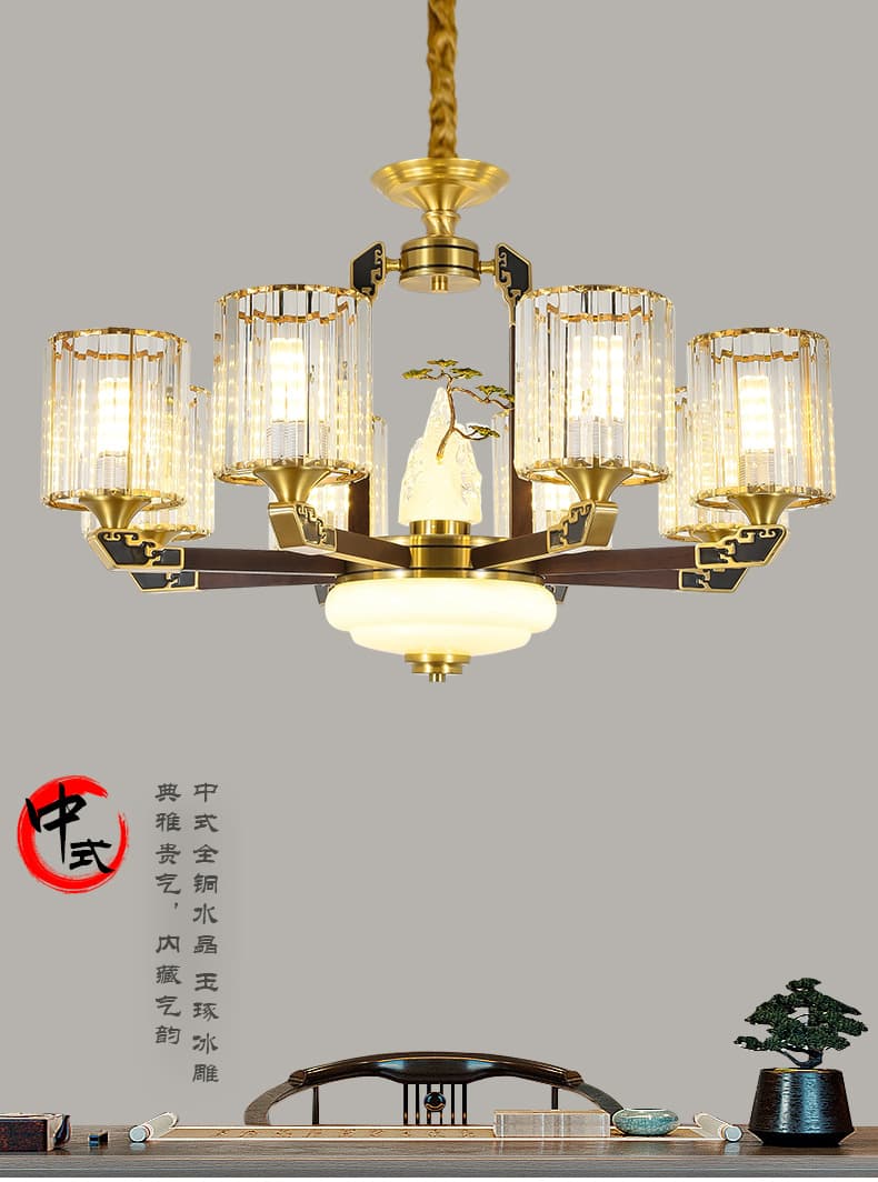 Đồng + đèn chùm gỗ