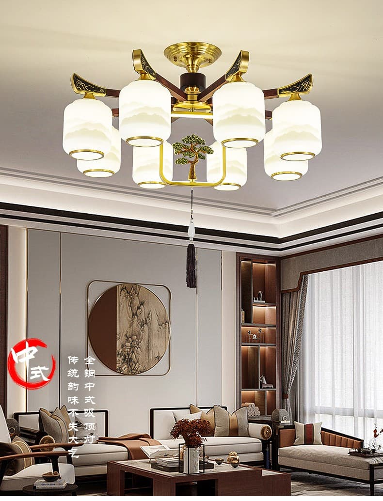 Đồng + đèn chùm ốp trần gỗ trắc đỏ